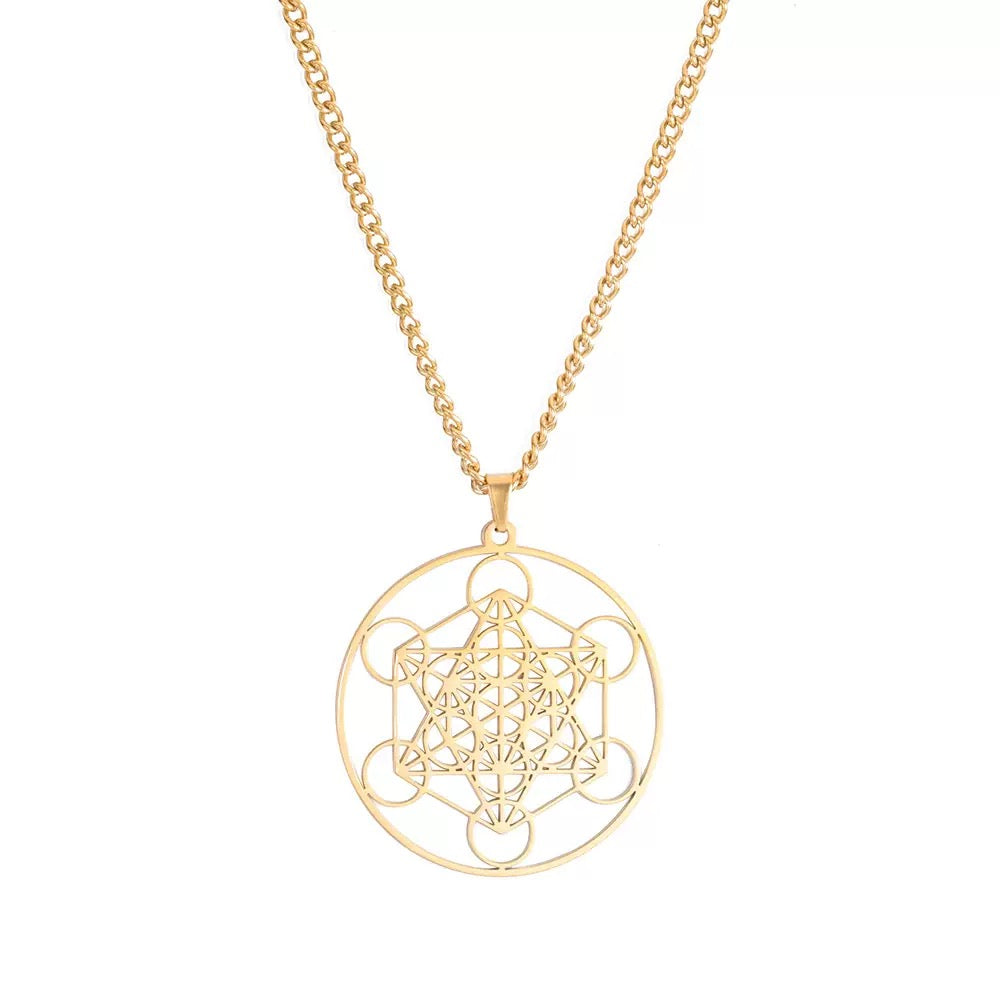 金色 大天使梅塔特隆立方體 不鏽鋼 護身符 吊墜 (連金屬項鍊)