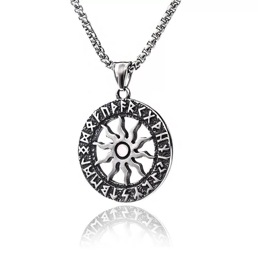 盧恩符文 太陽之輪 不鏽鋼 護身符 吊墜 (連金屬項鍊)