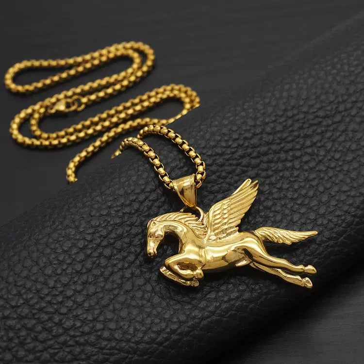 金色 飛馬 鈦鋼 護身符 吊墜 (連金屬項鍊)