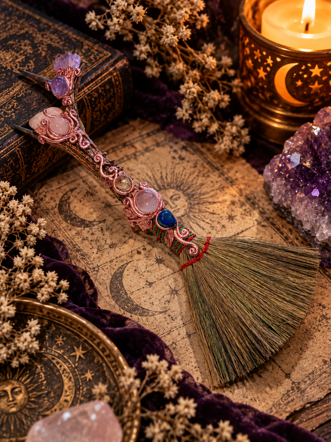 Antler & Multi-Crystal Palm Ritual Broom 鹿角多水晶棕櫚儀式掃帚,飾有紫水晶原石、粉晶、青金石及黃水晶