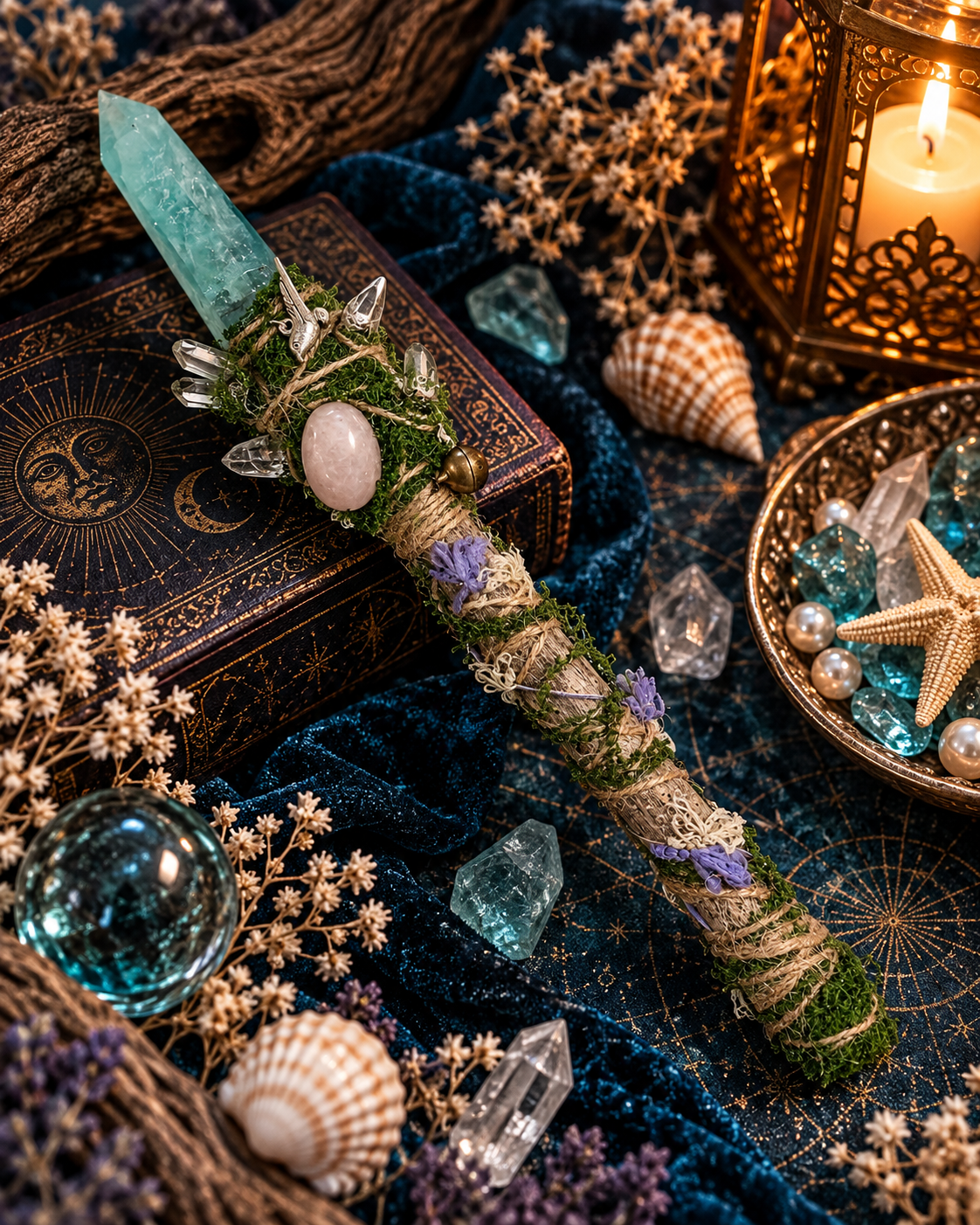 Fluorite, clear quartz, rose quartz and silver bird goji wood ritual wand 螢石白水晶粉晶銀色小鳥枸杞木儀式權杖
