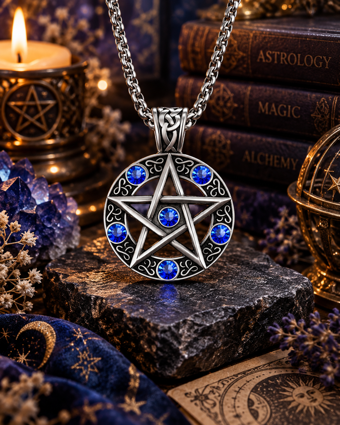 Silver Pentacle with Blue Faceted Stones Alloy Amulet Necklace 銀色五芒星藍色閃石合金護身符項鍊