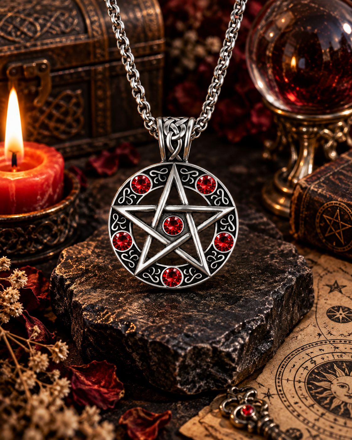 Silver Pentacle with Red Faceted Stones Alloy Amulet Necklace 銀色五芒星紅色閃石合金護身符項鍊