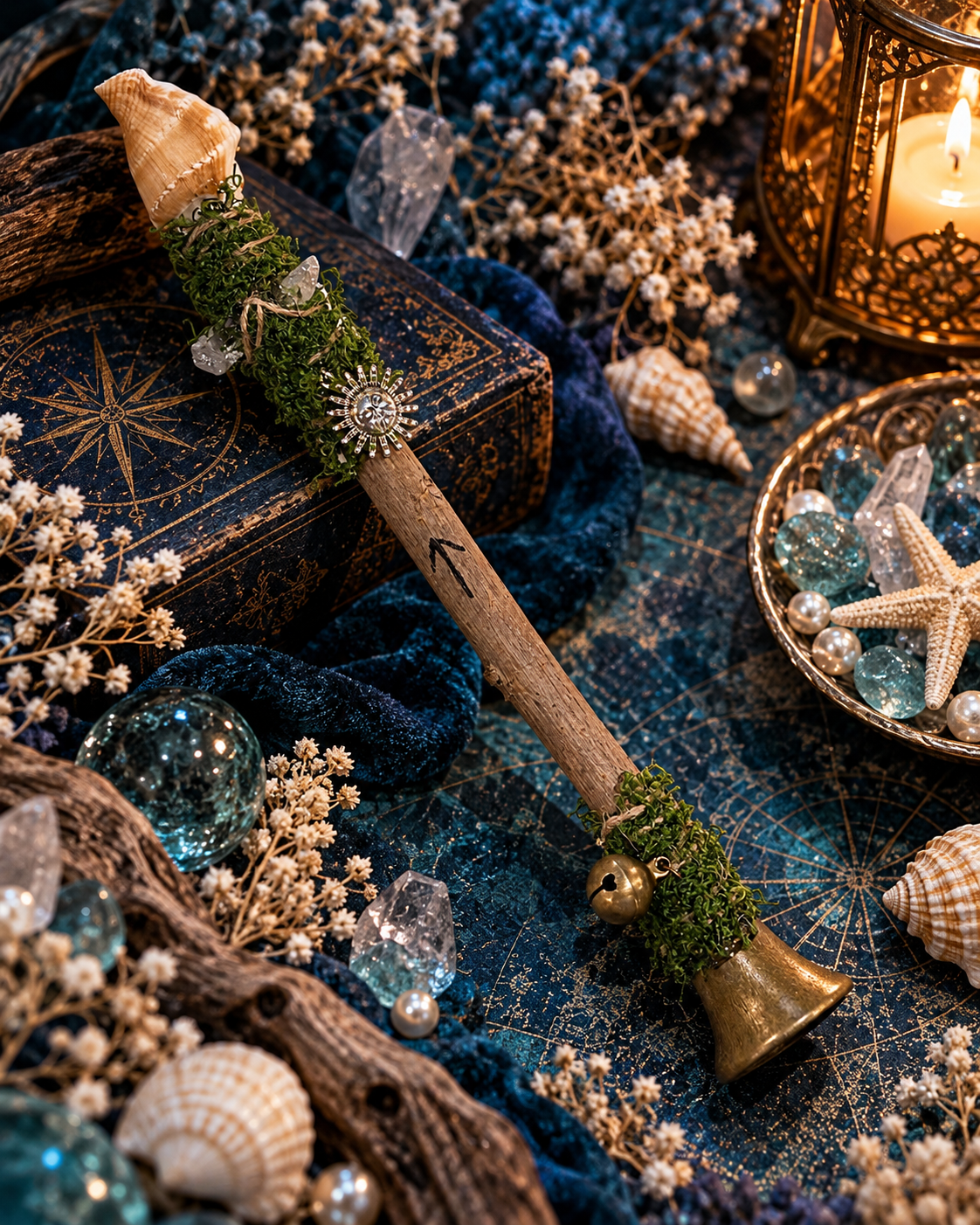 Teiwaz rune shell, clear quartz and copper bell goji wood ritual wand 提瓦茲盧恩符文貝殼白水晶銅鈴枸杞木儀式權杖