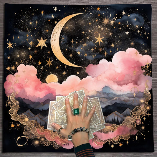 粉紅彩雲星空新月 魔法祭壇桌布／塔羅桌布