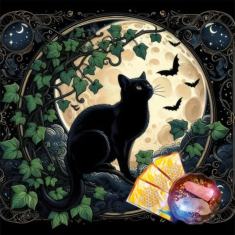 常春藤月相黑貓 魔法祭壇桌布／塔羅桌布