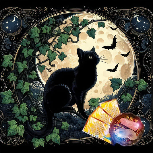 常春藤月相黑貓 魔法祭壇桌布／塔羅桌布