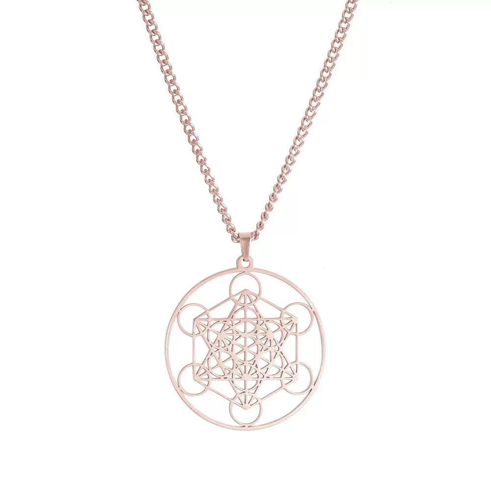 玫瑰金色 大天使梅塔特隆立方體 不鏽鋼 護身符 吊墜 (連金屬項鍊）