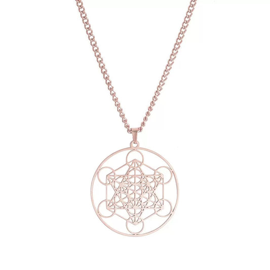 玫瑰金色 大天使梅塔特隆立方體 不鏽鋼 護身符 吊墜 (連金屬項鍊）