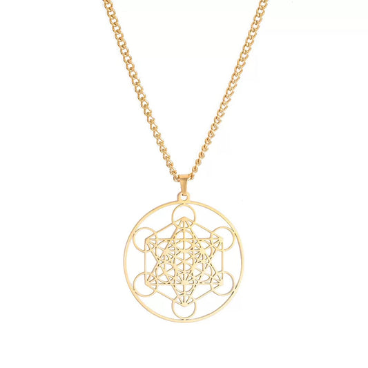 金色 大天使梅塔特隆立方體 不鏽鋼 護身符 吊墜 (連金屬項鍊）