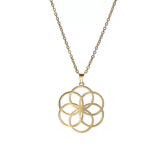 金色 生命種子 不鏽鋼 護身符 吊墜 (連金屬項鍊）