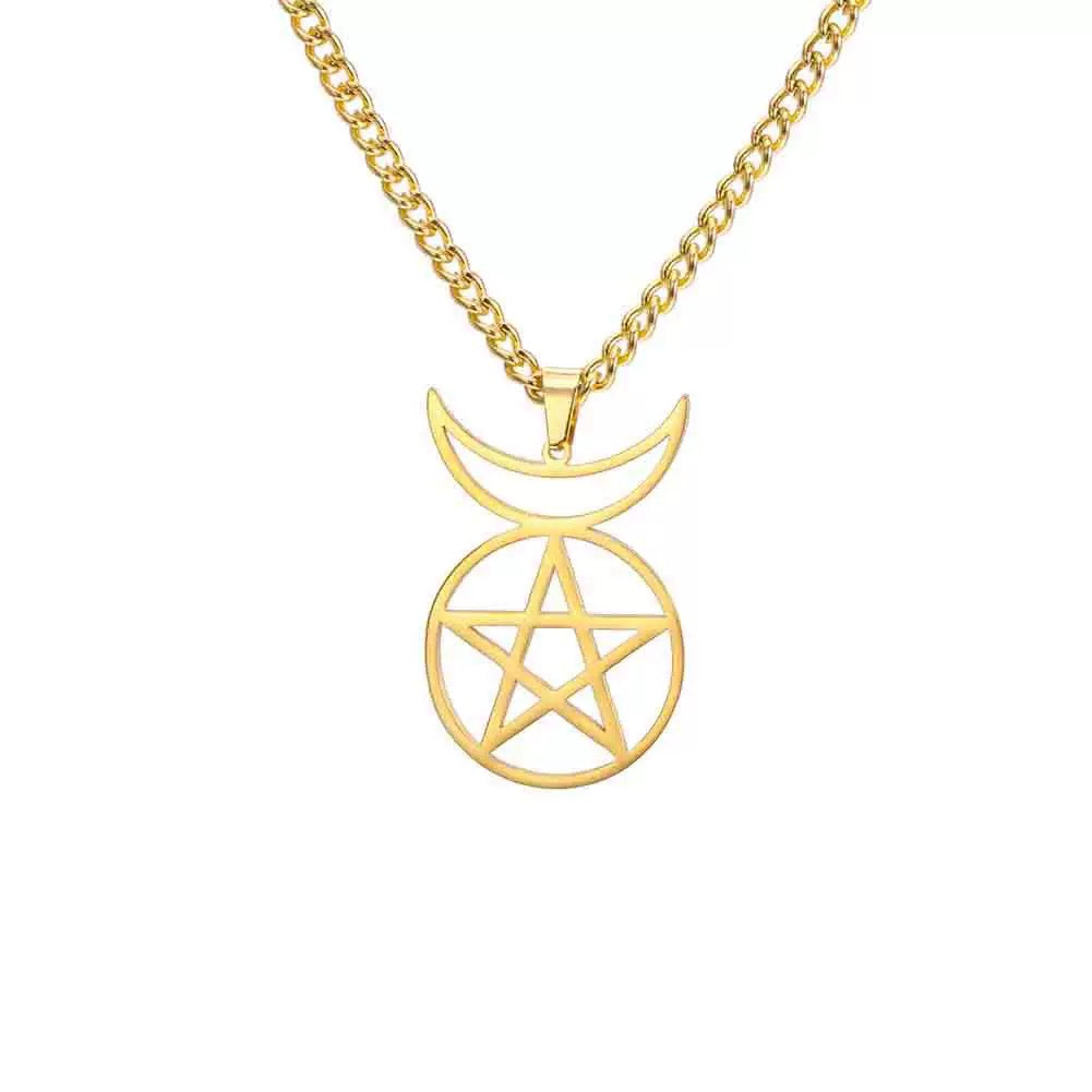 金色 有角父神 五芒星 不鏽鋼 護身符 吊墜 (連金屬項鍊）