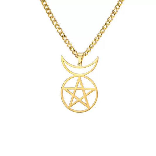 金色 有角父神 五芒星 不鏽鋼 護身符 吊墜 (連金屬項鍊）