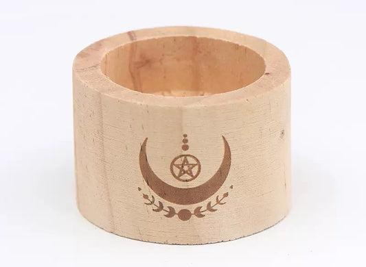 Mystic Moon Pentacle Wooden Tealight Holder 神祕新月五芒星・原木茶燭台