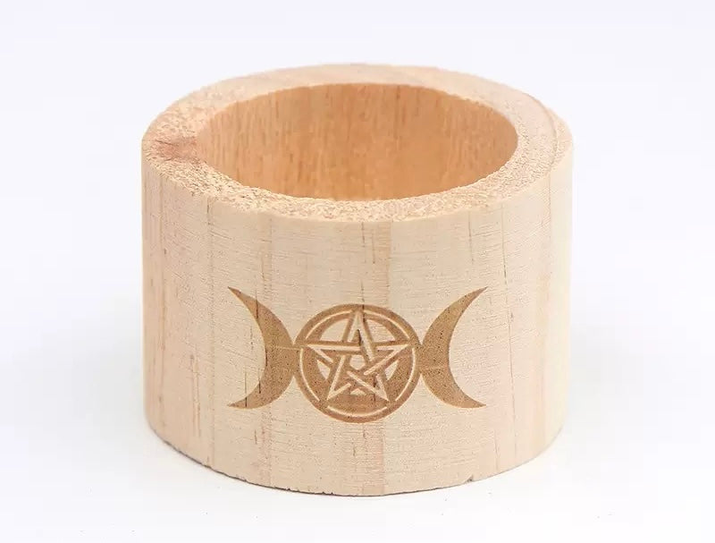 Triple Moon Goddess Pentacle Wooden Tealight Holder 三相女神五芒星・原木茶燭台