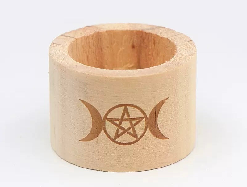 Wiccan Triple Moon Pentacle Wooden Tealight Holder 威卡三相月亮五芒星・原木茶燭台