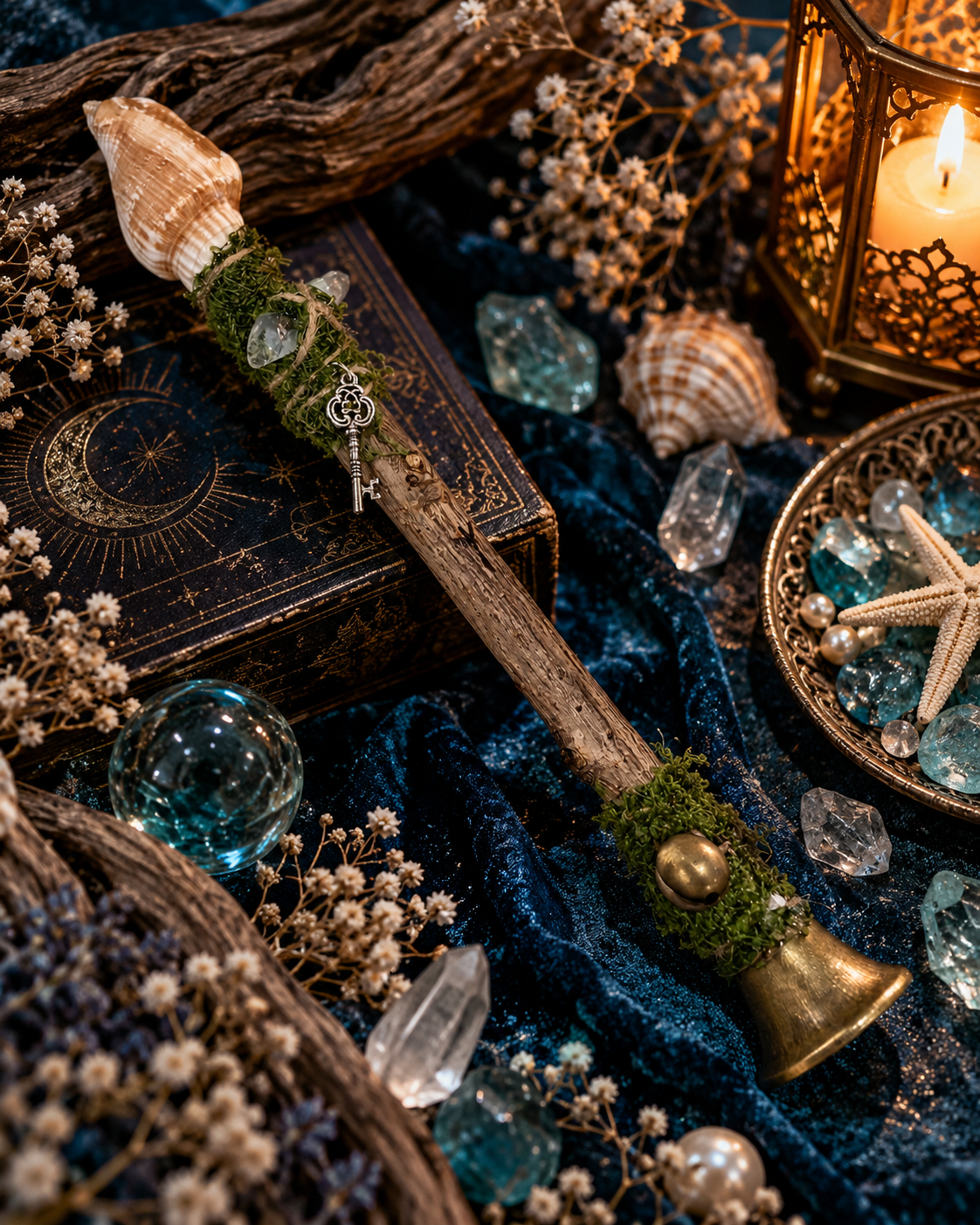 Algiz rune shell, clear quartz, copper bell and silver key goji wood ritual wand 阿爾吉茲盧恩符文貝殼白水晶銅鈴銀色鎖匙枸杞木儀式權杖