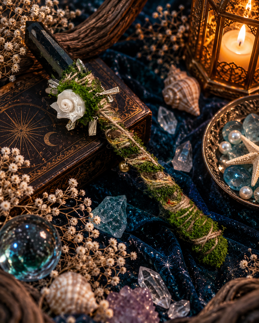 Blue tiger's eye, clear quartz, shell and bells goji wood ritual wand 藍虎眼石白水晶貝殼鈴鐺枸杞木儀式權杖