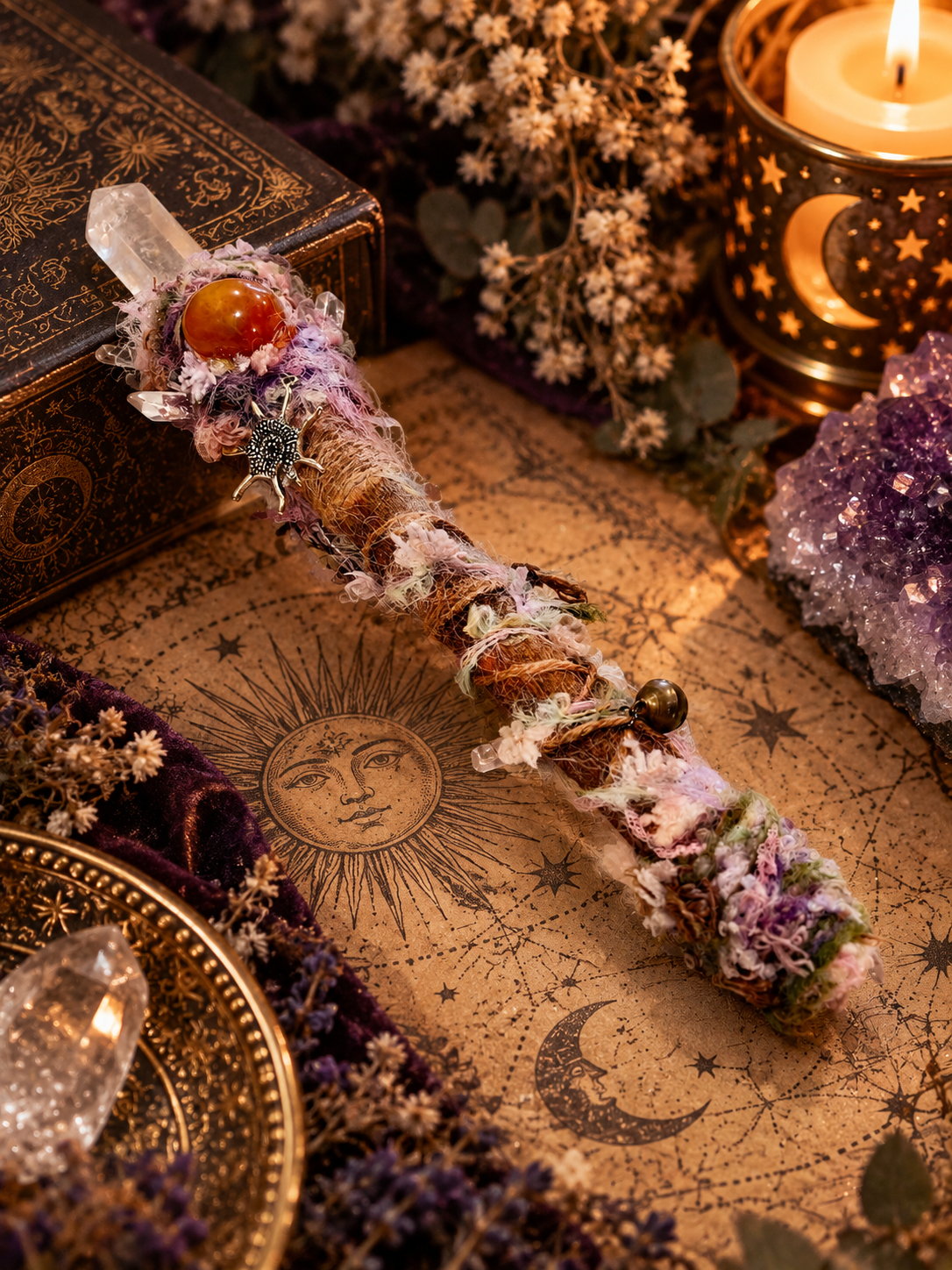 Clear Quartz & Red Agate Goji Wood Ritual Wand 白水晶紅瑪瑙枸杞木儀式權杖，配白水晶小柱、鈴鐺及銀色太陽吊飾