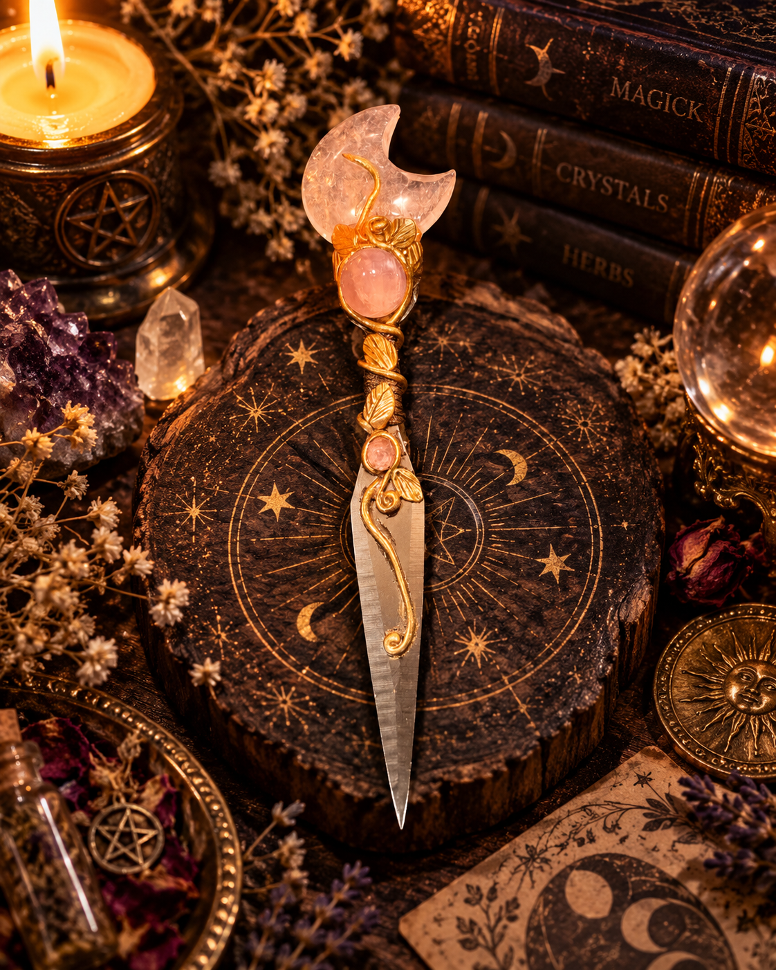 Crescent Moon Clear Quartz & Rose Quartz Black Stainless Steel Athame 月亮形白水晶粉晶黑色不鏽鋼魔法刀刃