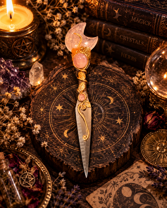 Crescent Moon Clear Quartz & Rose Quartz Black Stainless Steel Athame 月亮形白水晶粉晶黑色不鏽鋼魔法刀刃