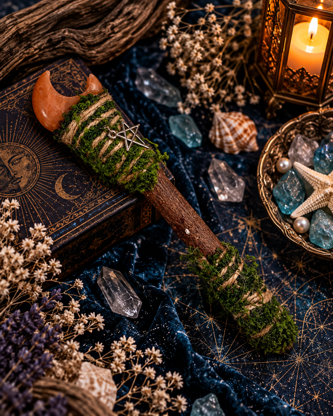 Crescent orange moonstone and silver pentagram goji wood ritual wand 月亮形橙月亮石銀色五芒星枸杞木儀式權杖