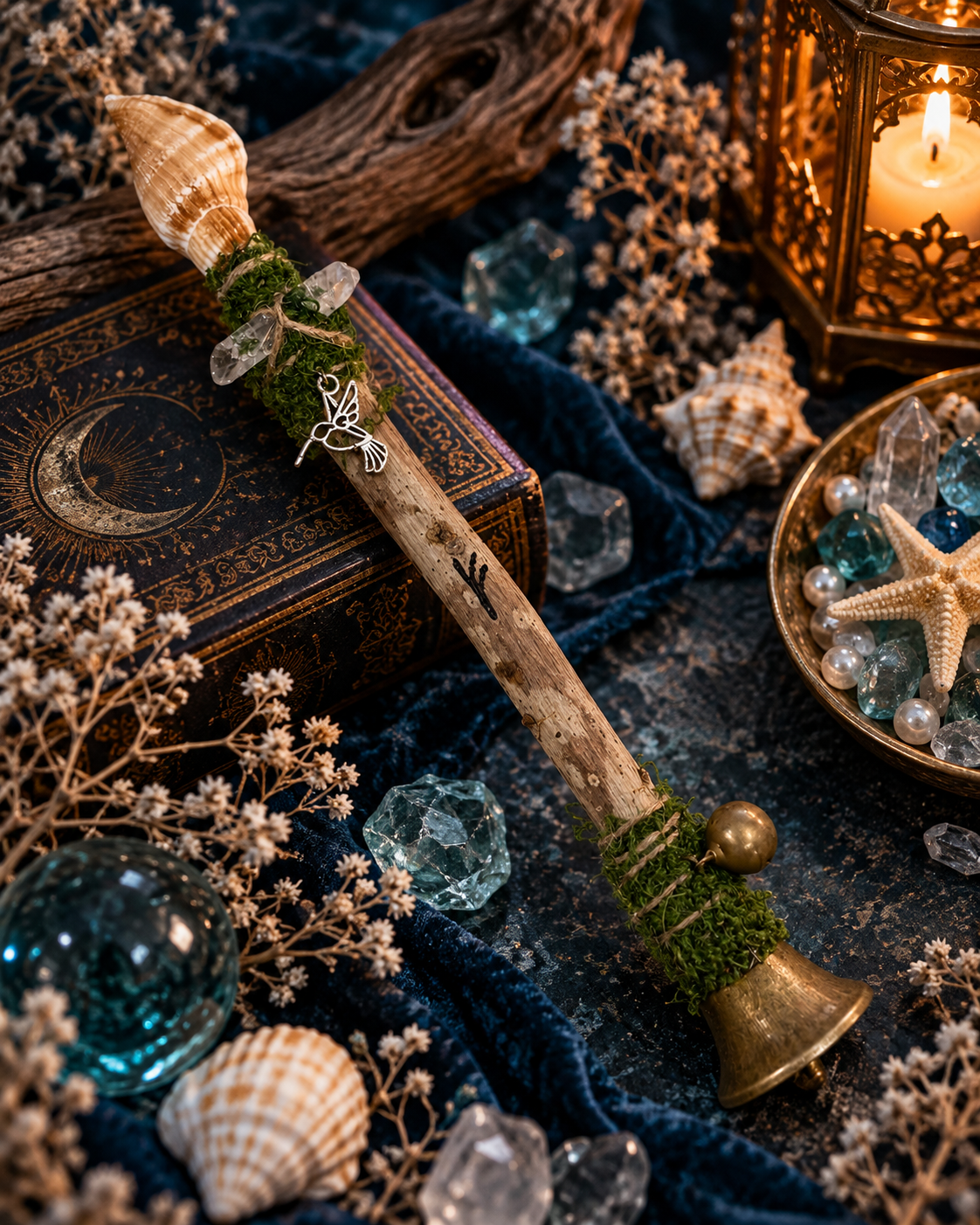Fehu rune shell, clear quartz and copper bell goji wood ritual wand 費胡盧恩符文貝殼白水晶銅鈴枸杞木儀式權杖