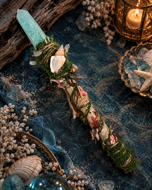 Fluorite, clear quartz, shell and silver leaf goji wood ritual wand 螢石白水晶貝殼銀色樹葉枸杞木儀式權杖