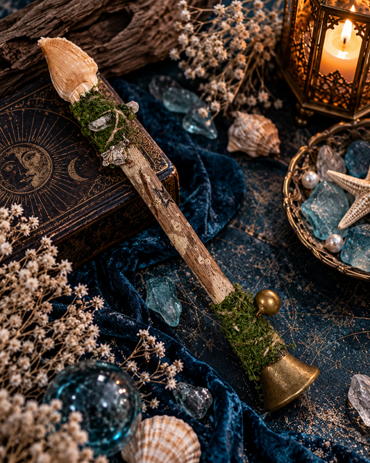 Perth rune shell, clear quartz and copper bell goji wood ritual wand 佩爾斯盧恩符文貝殼白水晶銅鈴枸杞木儀式權杖