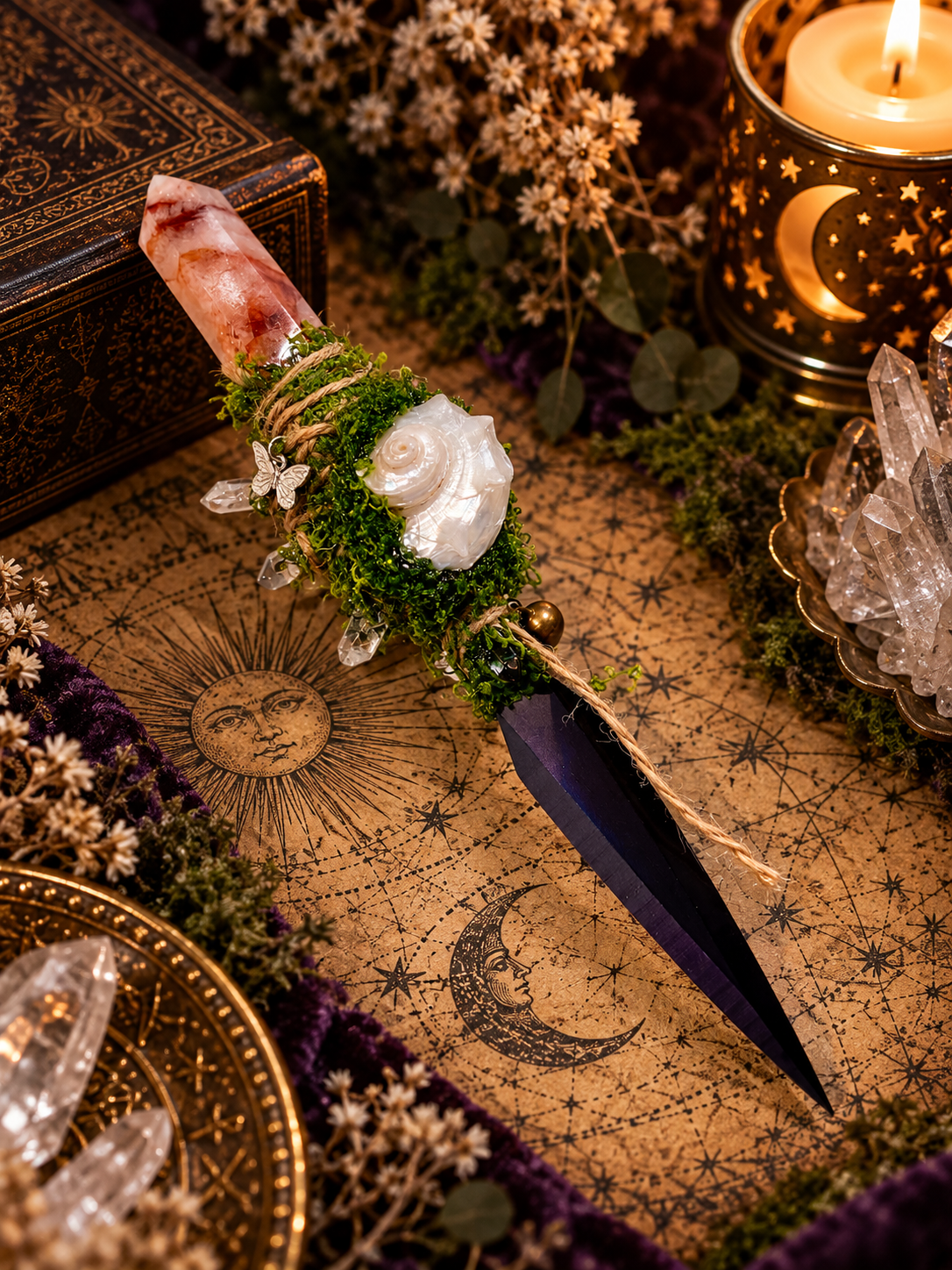 Red Hematoid Quartz Black Stainless Steel Athame 紅膠花水晶黑色不鏽鋼魔法刀刃，配白水晶小柱、貝殼、鈴鐺及銀色蝴蝶吊飾