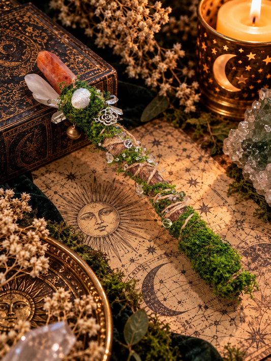 Red Hematoid Quartz & Goji Wood Ritual Wand 紅膠花水晶枸杞木儀式權杖，配羽毛、貝殼、白水晶小柱及珠飾、金屬鈴鐺