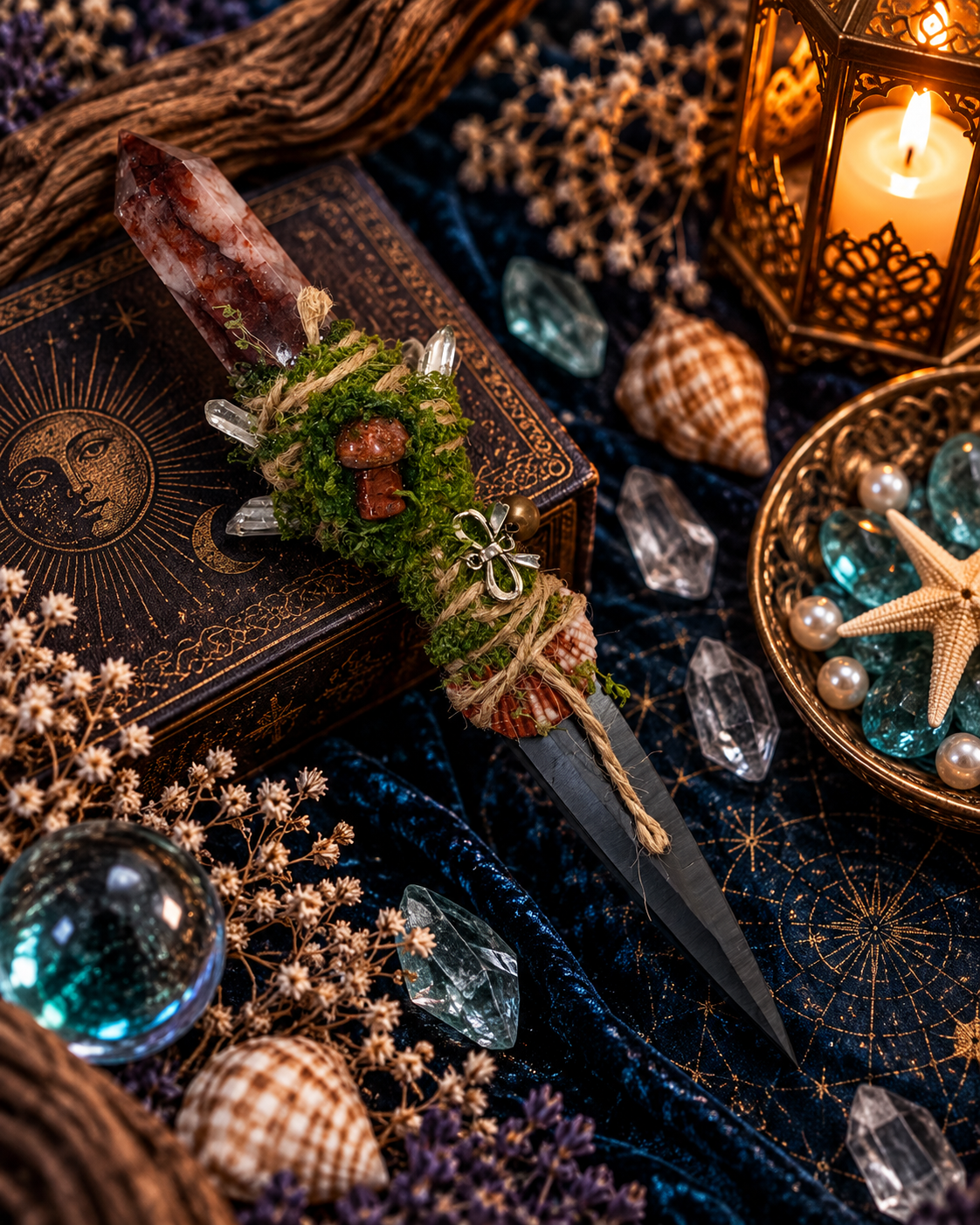 Red Hematoid Quartz, Picture Jasper Mushroom & Silver Bow Black Stainless Steel Athame 紅膠花水晶圖畫碧玉蘑菇銀色蝴蝶結黑色不鏽鋼魔法刀刃