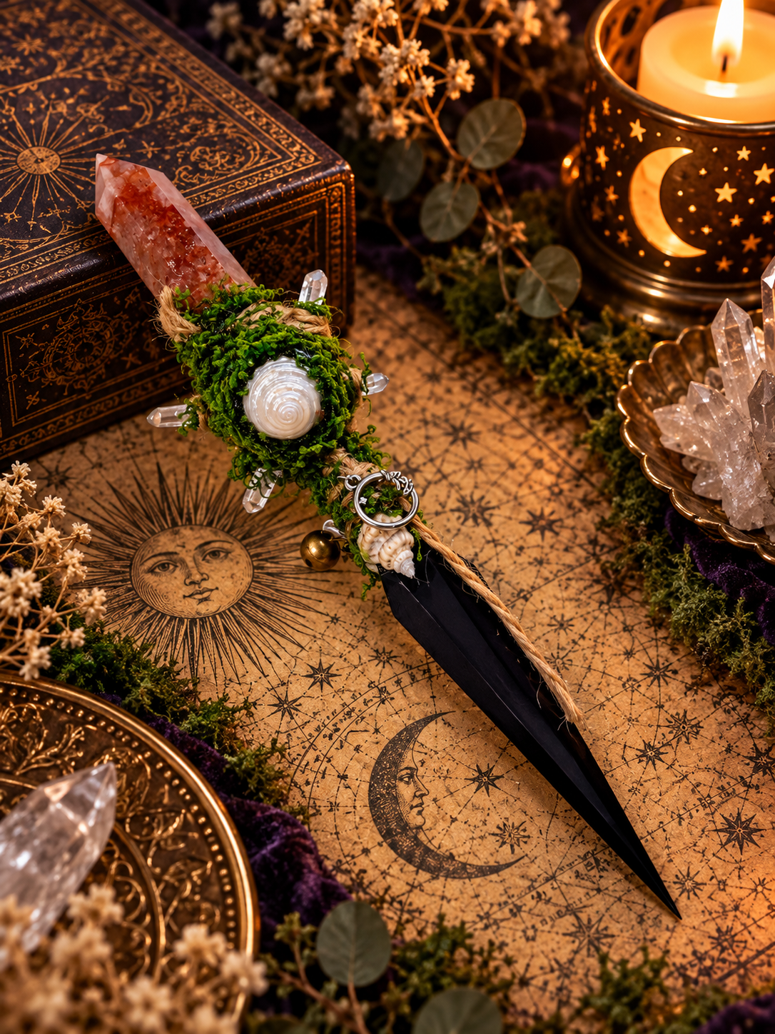Red Hematoid Quartz & Silver Wreath Black Stainless Steel Athame 紅膠花水晶銀色花圈黑色不鏽鋼魔法刀刃，配白水晶小柱、貝殼及鈴鐺