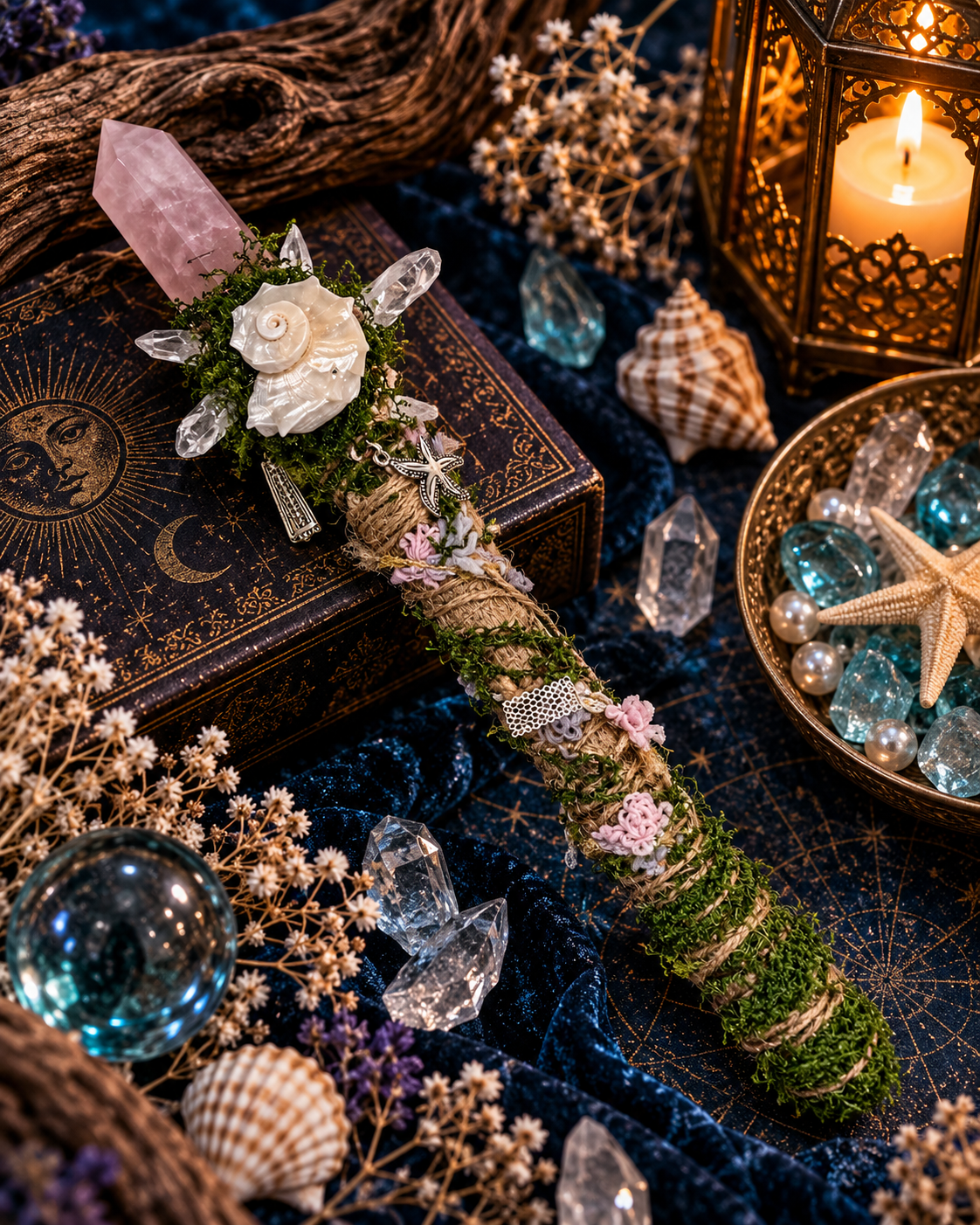 Rose quartz, clear quartz, shell, bell and silver starfish goji wood ritual wand 粉晶白水晶貝殼鈴鐺銀色海星枸杞木儀式權杖