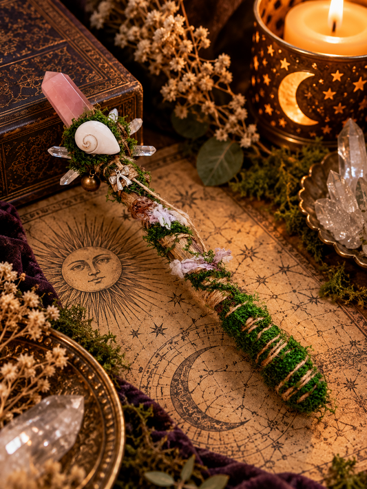 Rose Quartz & Goji Wood Ritual Wand 粉晶枸杞木儀式權杖，配貝殼、小白水晶柱、鈴鐺及銀色蝴蝶結吊飾