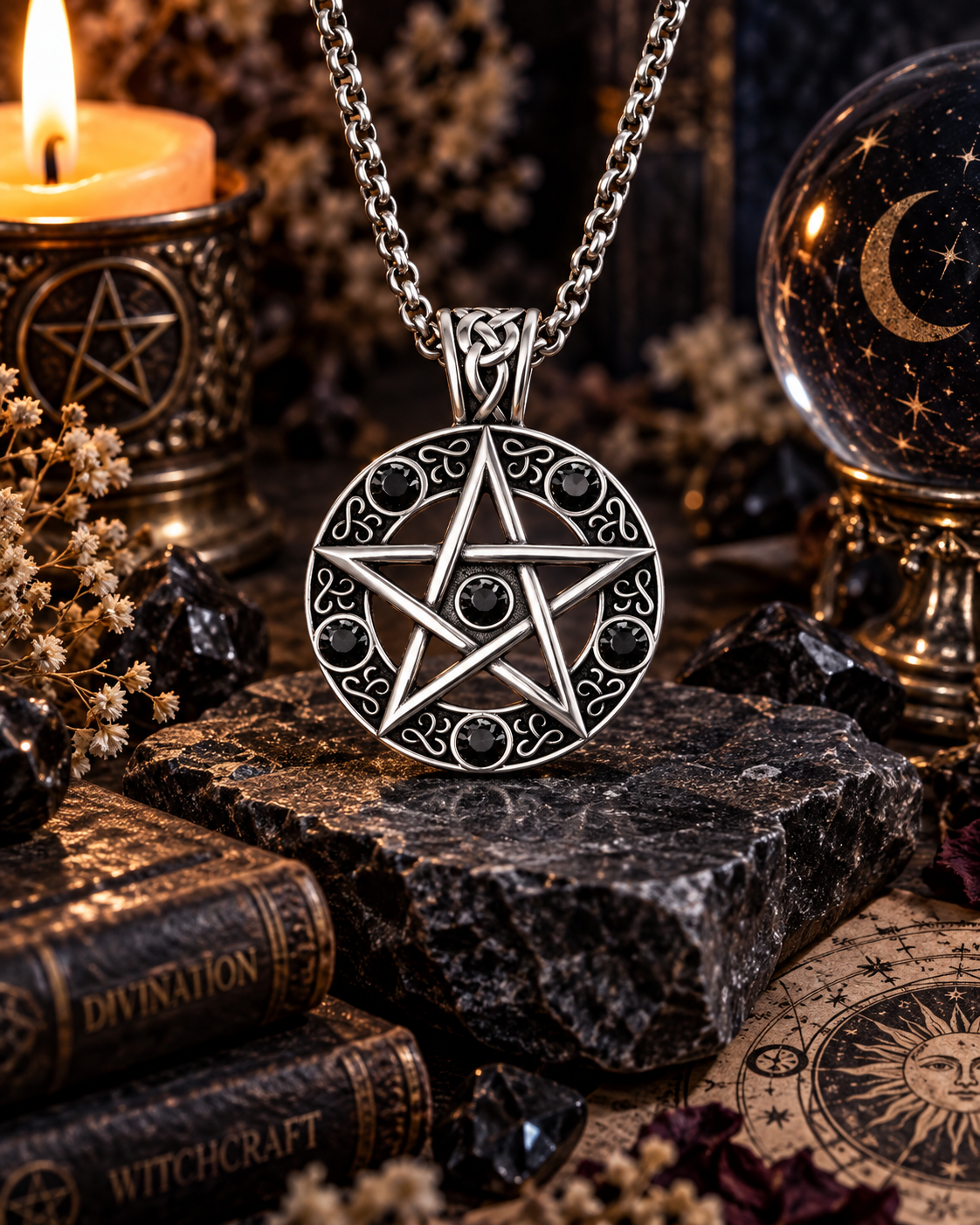 Silver Pentacle with Black Faceted Stones Alloy Amulet Necklace 銀色五芒星黑色閃石合金護身符項鍊