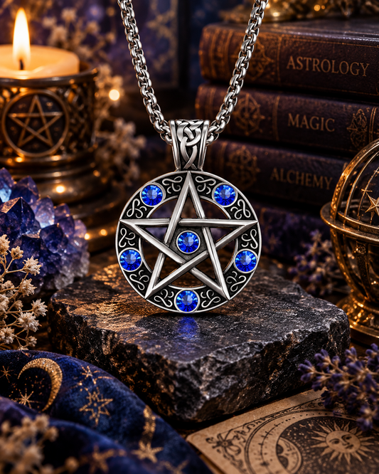 Silver Pentacle with Blue Faceted Stones Alloy Amulet Necklace 銀色五芒星藍色閃石合金護身符項鍊