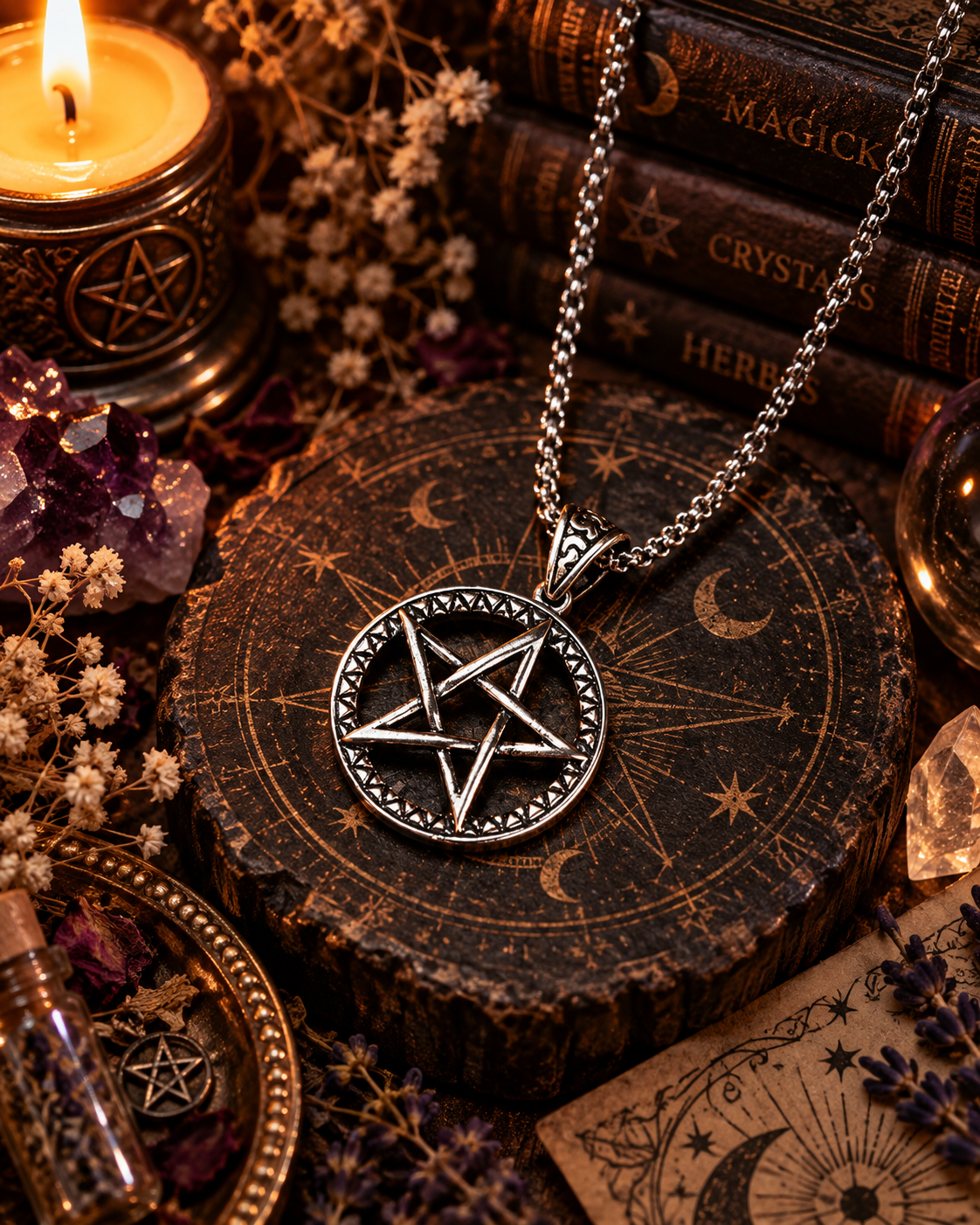 Silver Pentacle Stainless Steel Amulet Necklace 銀色五芒星圓環不鏽鋼護身符項鍊
