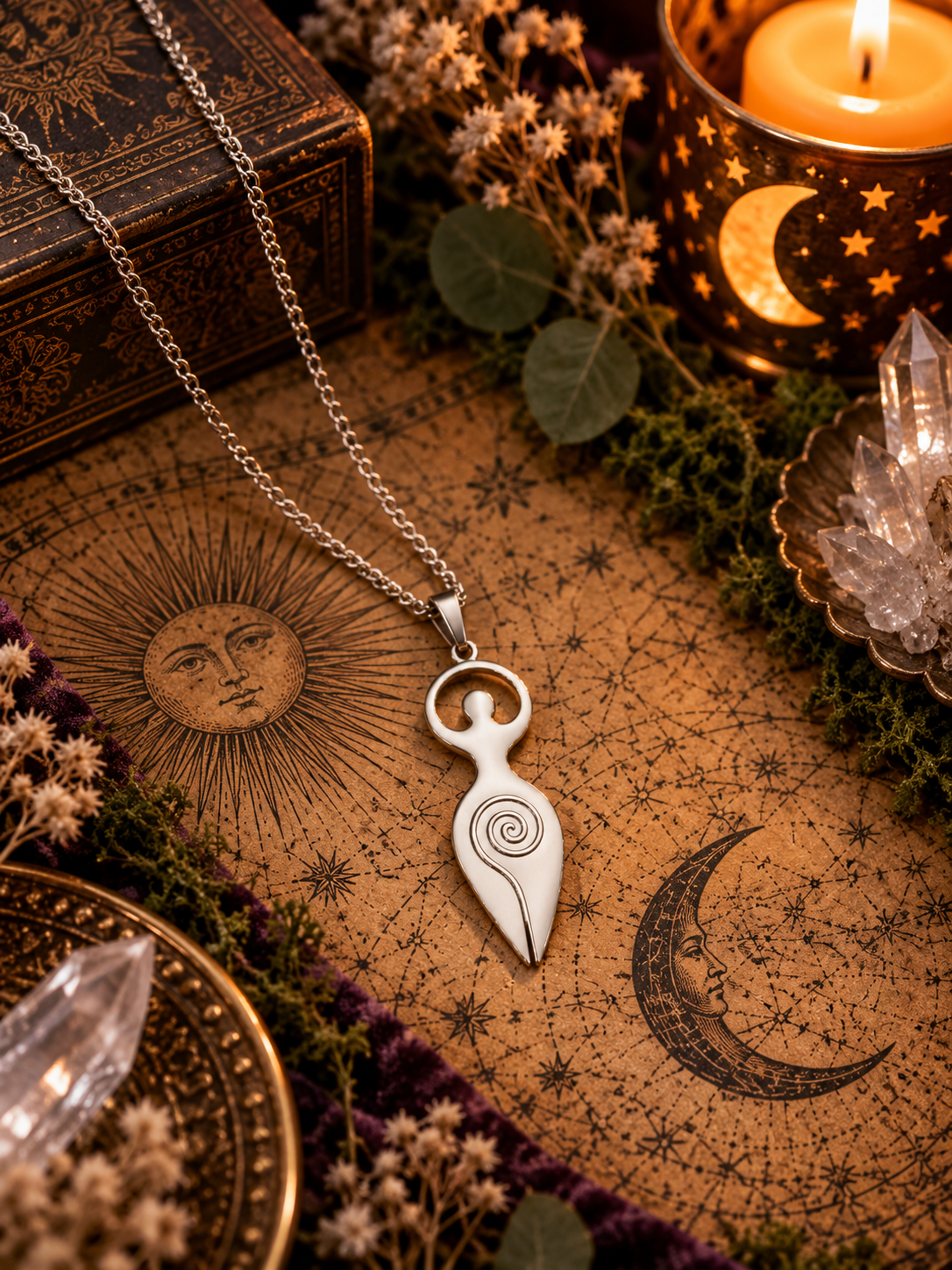 Silver Spiral Goddess Stainless Steel Amulet Necklace 銀色螺旋女神不鏽鋼護身符項鍊