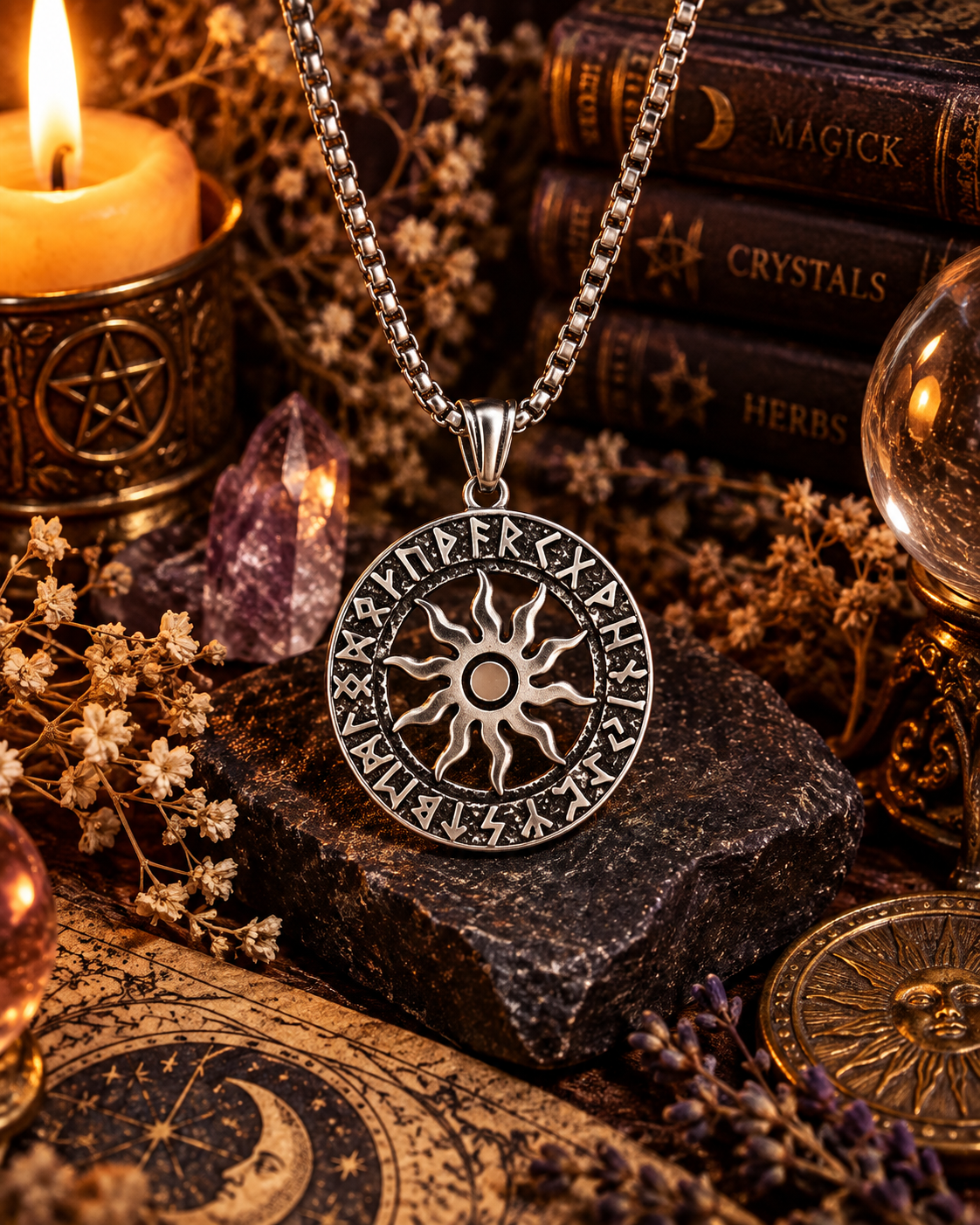 Silver Sun Wheel & Rune Circle Stainless Steel Amulet Necklace 銀色太陽之輪與盧恩符文環不鏽鋼護身符項鍊