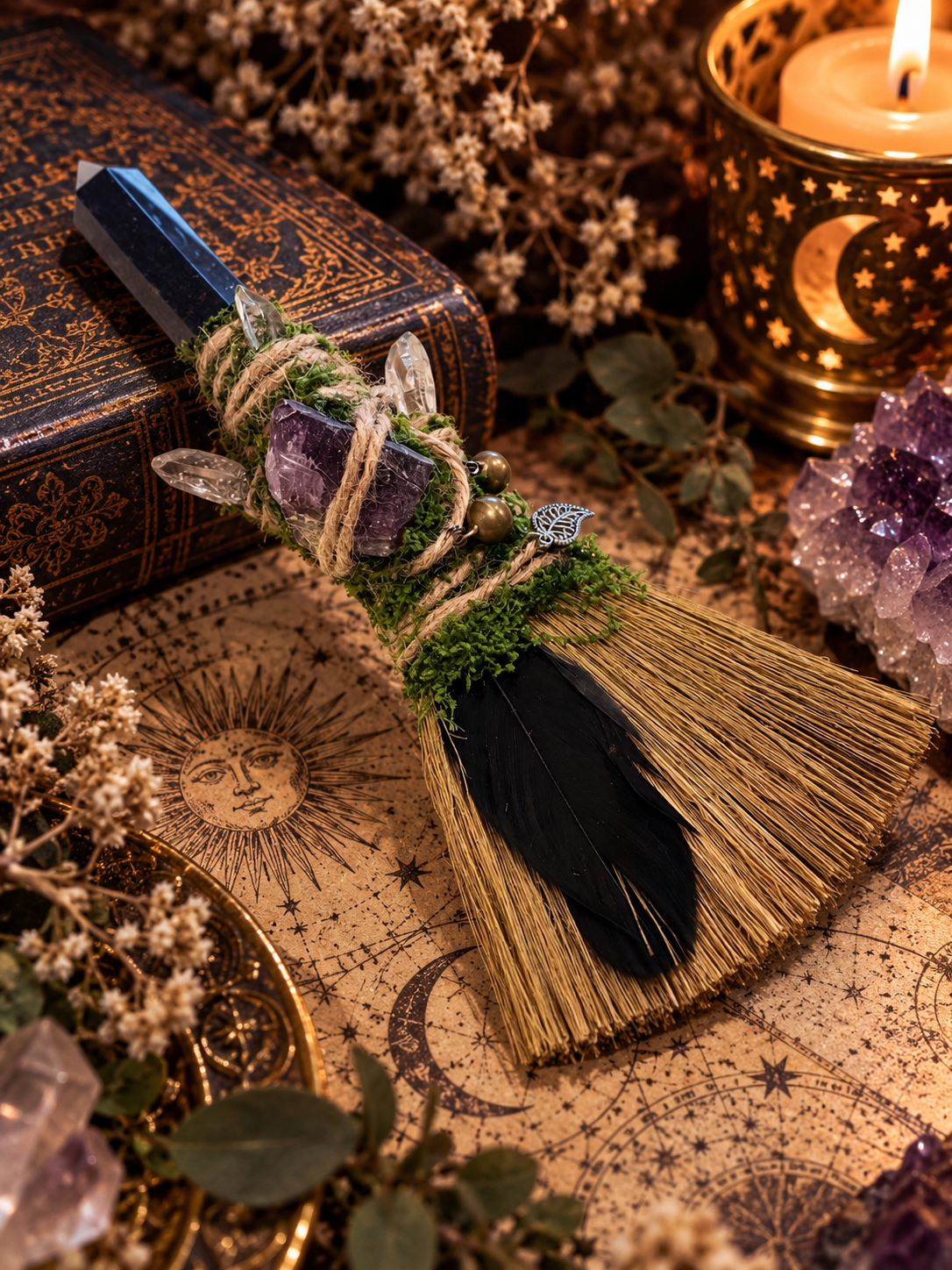 Sodalite & Amethyst Palm Ritual Broom 方鈉石紫水晶棕櫚儀式掃帚，配白水晶、黑色羽毛、鈴鐺及銀色樹葉吊飾