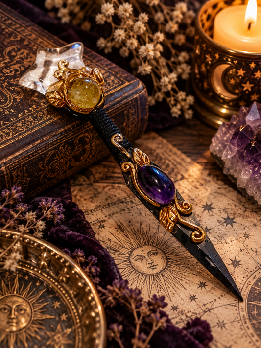 Star-Shaped Clear Quartz, Citrine & Amethyst Black Stainless Steel Athame 星星形白水晶黃水晶紫水晶黑色不鏽鋼魔法刀刃