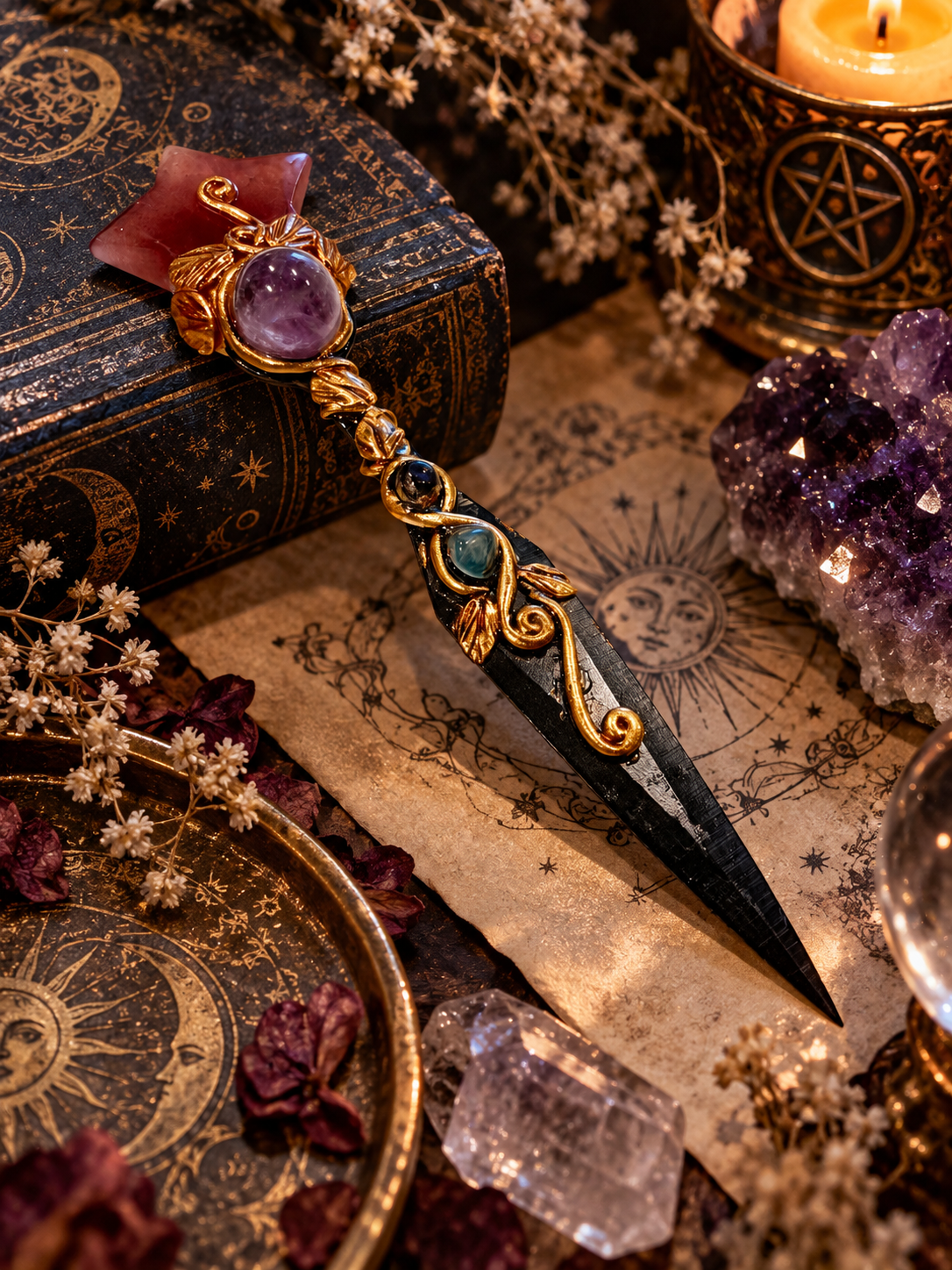 Star-Shaped Strawberry Quartz, Labradorite & Amethyst Black Stainless Steel Athame 星星形草莓晶拉長石紫水晶黑色不鏽鋼魔法刀刃